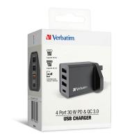 Verbatim 4端口 30W PD QC 3.0 USB 充電器  66897白色66892黑色